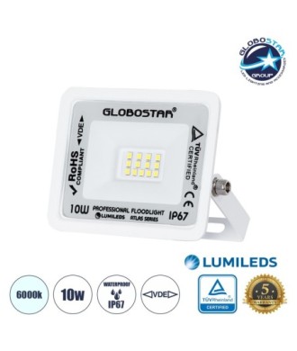 GLOBOSTAR® ATLAS 61404 Προβολέας LED 10W 1250lm 120° AC 220-240V Αδιάβροχο IP67 Ψυχρό Λευκό 6000K - Lumileds SMD Chip - TÜV Rheinland Certified - Λευκό Ματ - Μ10 x Π2 x Υ8cm - 5 Χρόνια Εγγύηση